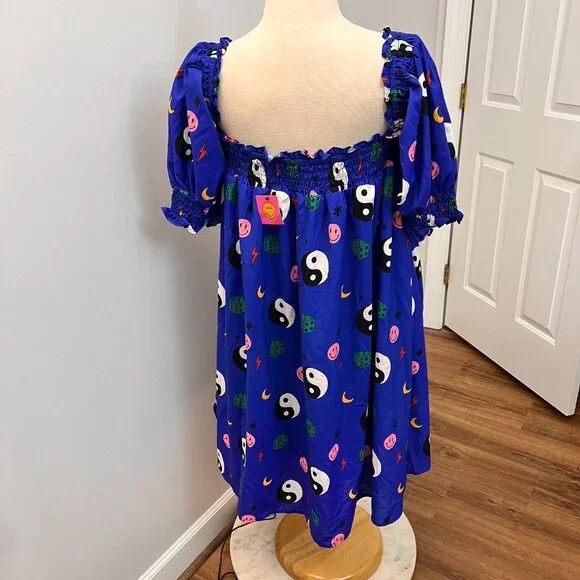 NEW Dressed in LALA Forget the Rules Icon Dress Blue Yin Yang Smile Dress L - Picture 5 of 15